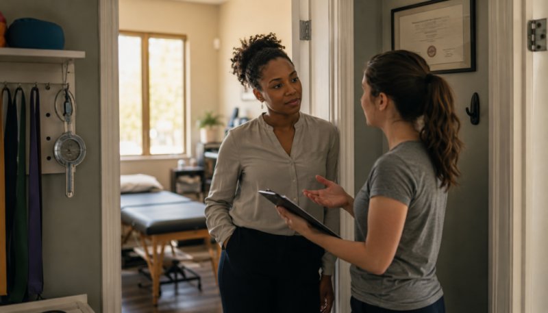 A clinic owner handling clinical uncertainty with a younger therapist in the office doorway between patients