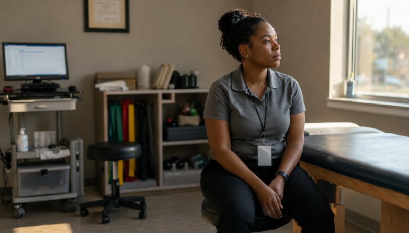 A physical therapist showing clinician burnout, resting on a stool at the end of the day in a quiet clinic