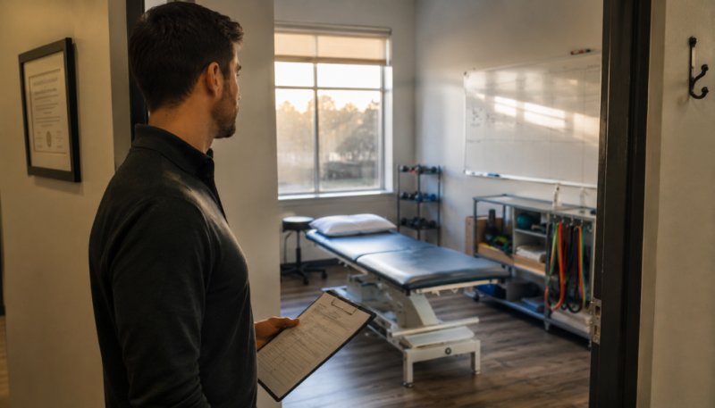 A clinic owner standing in the doorway of a prepared but empty second treatment room, weighing whether the clinic is ready to hire.