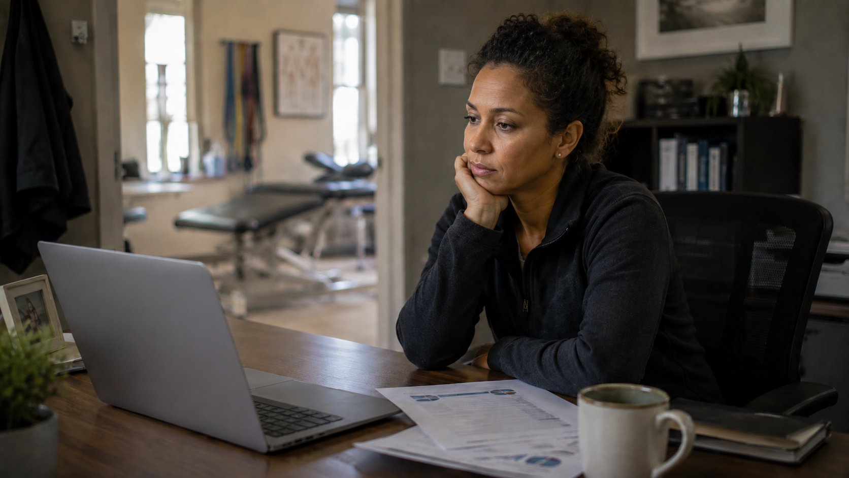 A clinic owner reviewing financial reports on a laptop at her desk after hours, the empty clinic behind her