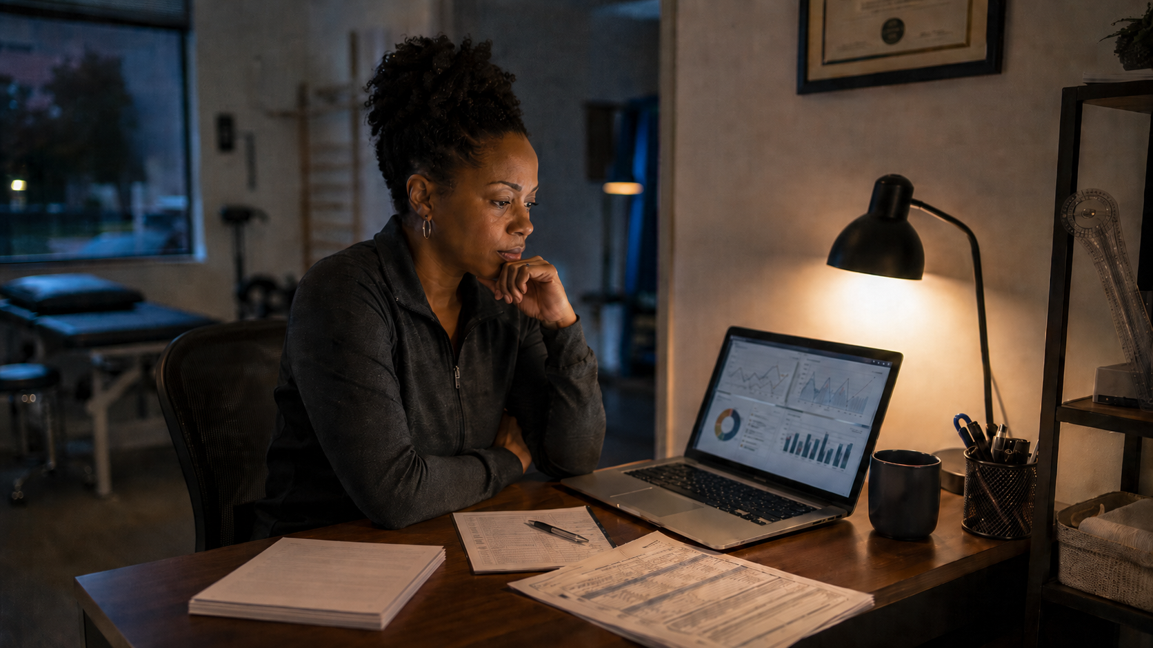 Clinic billing oversight after hours: an owner reviewing denial and AR reports at the back-office desk