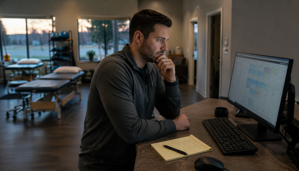 A physical therapy clinic owner reviewing next week's schedule alone in the clinic at dusk, deciding whether to hire another clinician. (on breakeven number)