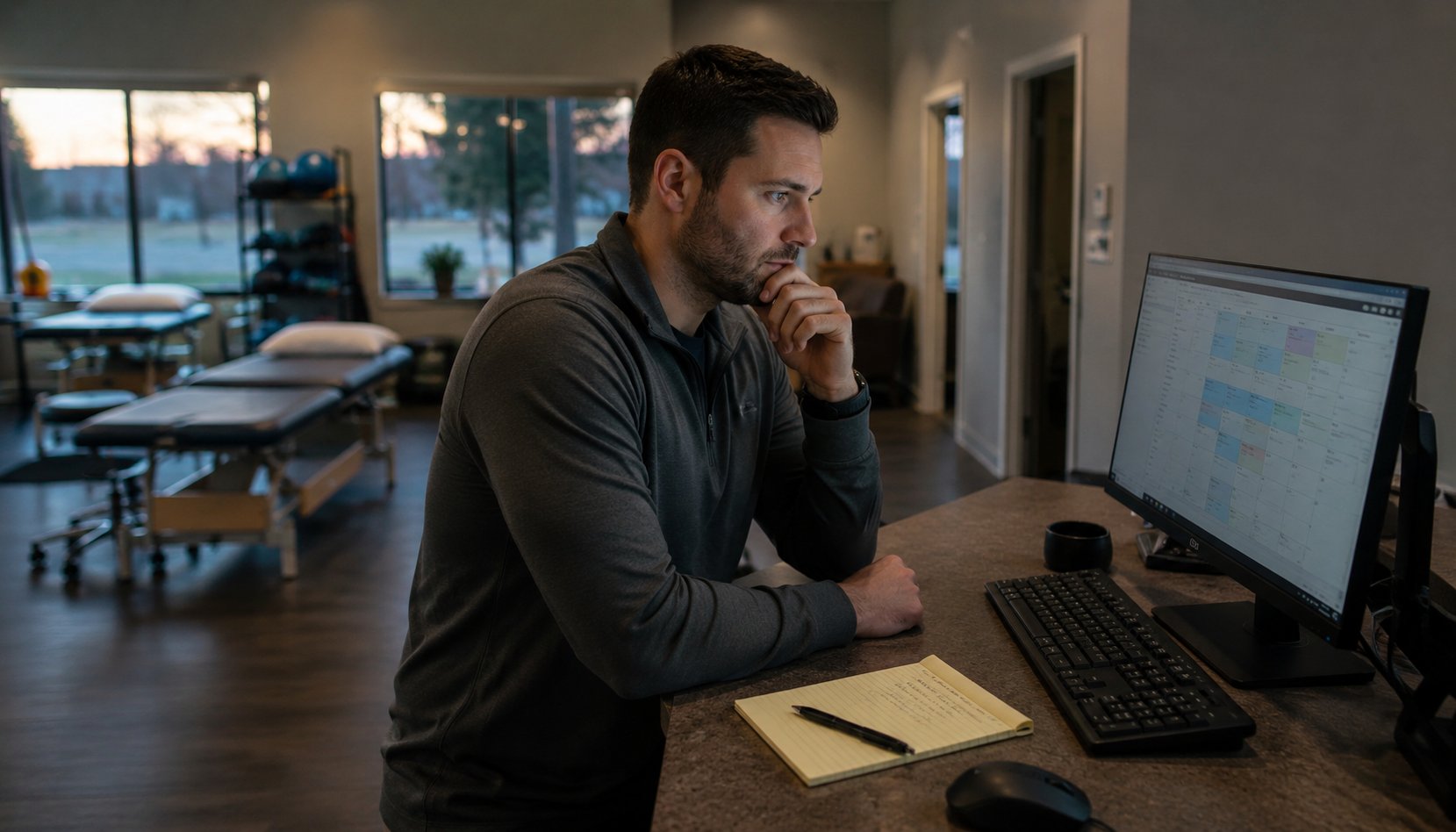 A physical therapy clinic owner reviewing next week's schedule alone in the clinic at dusk, deciding whether to hire another clinician.