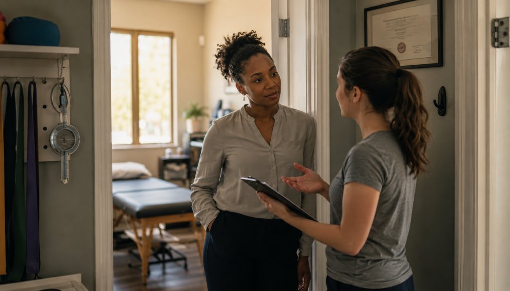 A clinic owner handling clinical uncertainty with a younger therapist in the office doorway between patients
