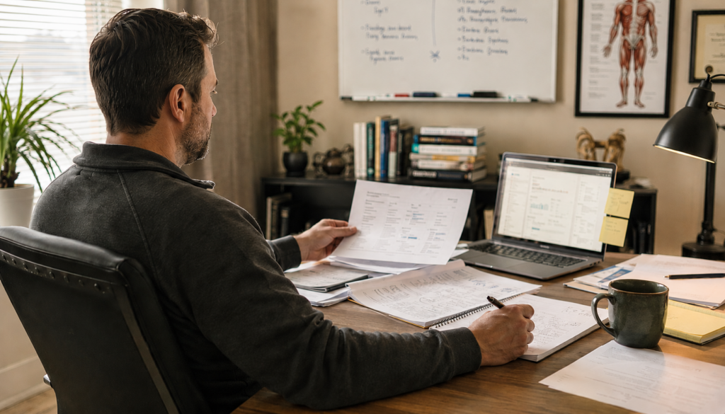 Clinic owner reviewing data at his desk instead of chasing trends (on don't)