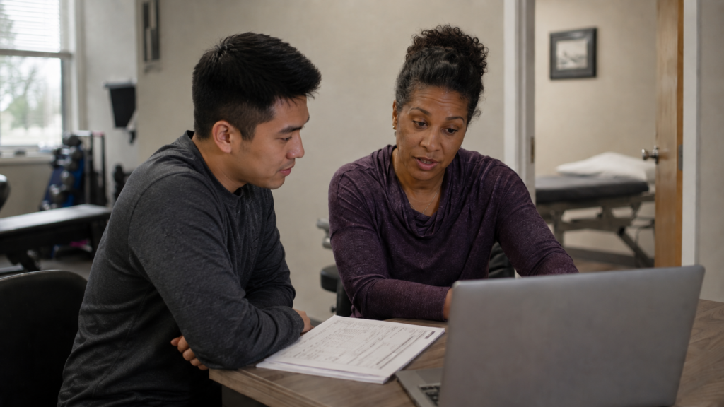 A senior therapist and a newer clinician reviewing a patient case together at a clinic workstation (on clinic mentorship)