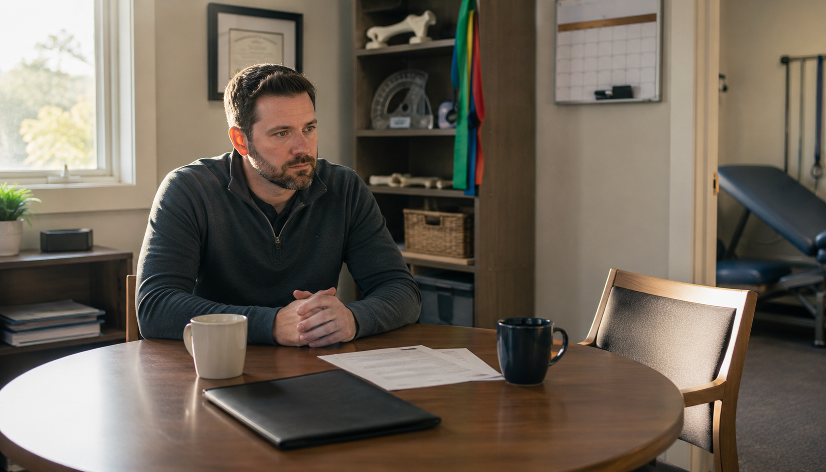 A clinic owner after a declined clinician ownership conversation, an empty chair and buy-in paperwork on the table