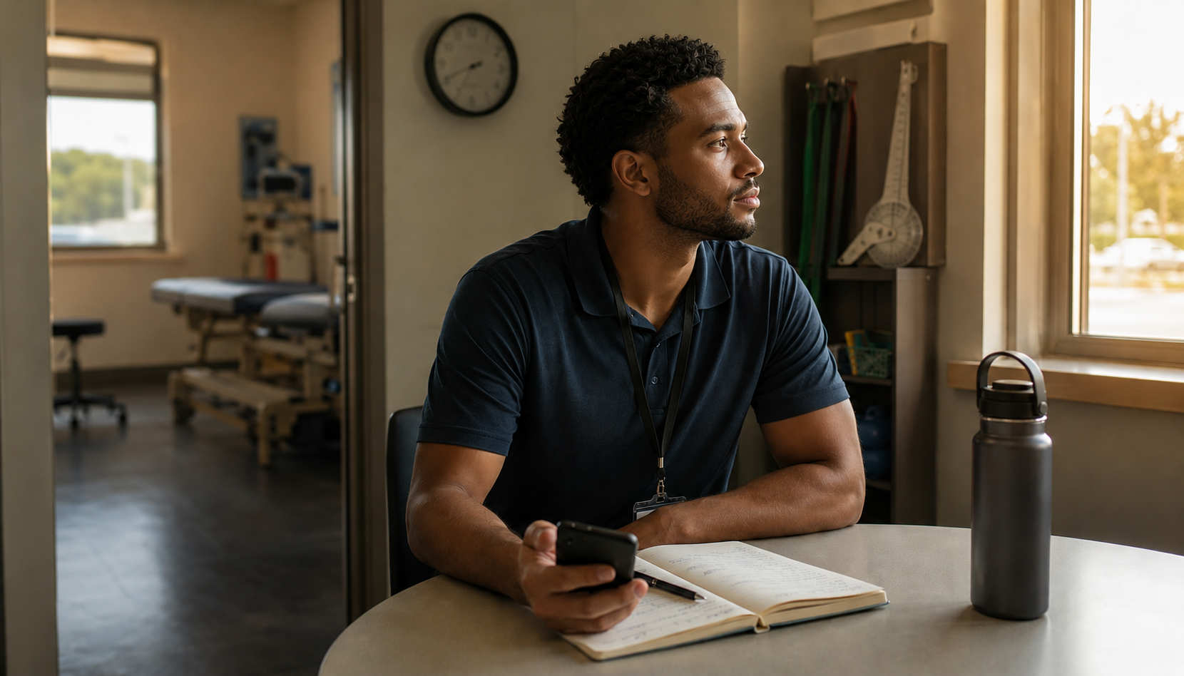 A physical therapist weighing a side hustle, sitting alone in a clinic break room at the end of the day, thinking about his future.