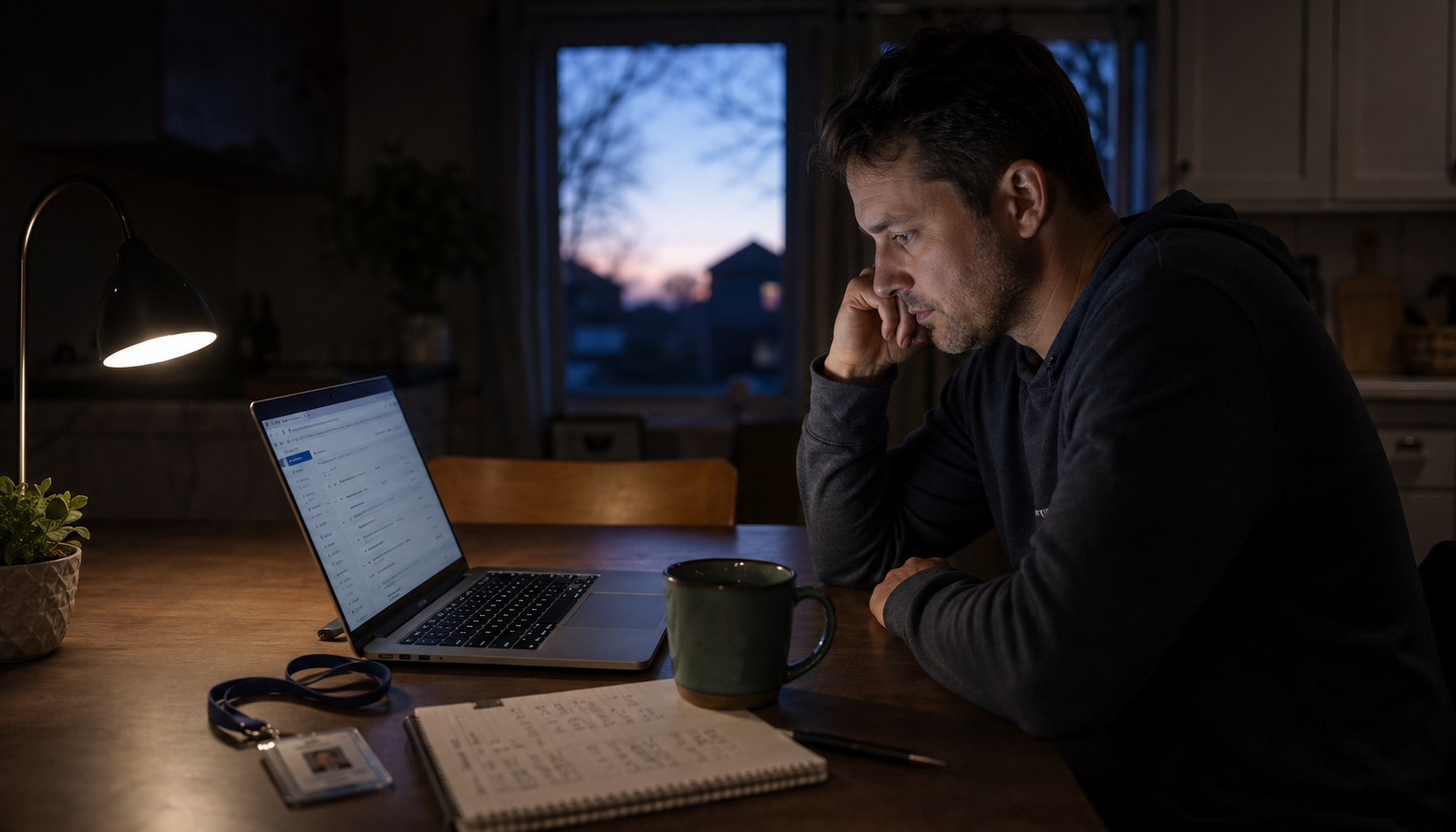 A clinic owner working the recruiting math against student debt before dawn, laptop open to a stale job posting at the kitchen table.