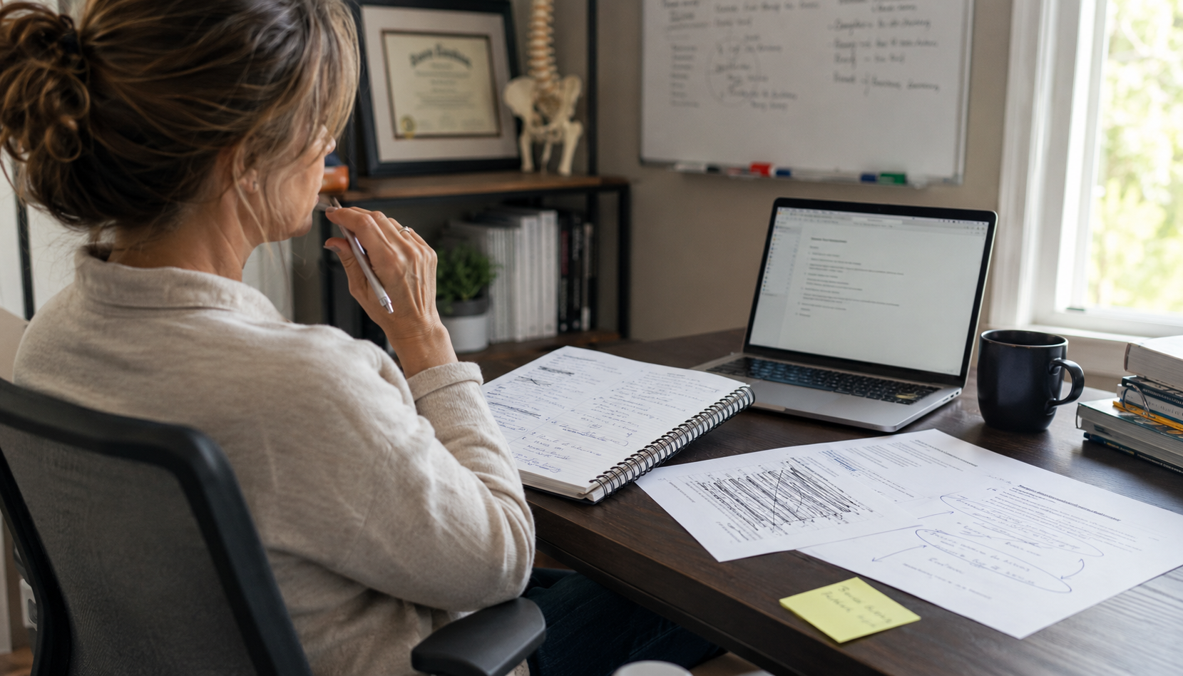 Coach reviewing notes on offer reframing at her home office desk
