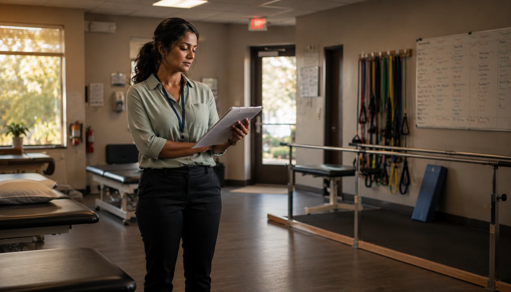 Clinic owner standing alone in a therapy gym at end of day, reviewing a patient schedule in a quiet moment of reflection