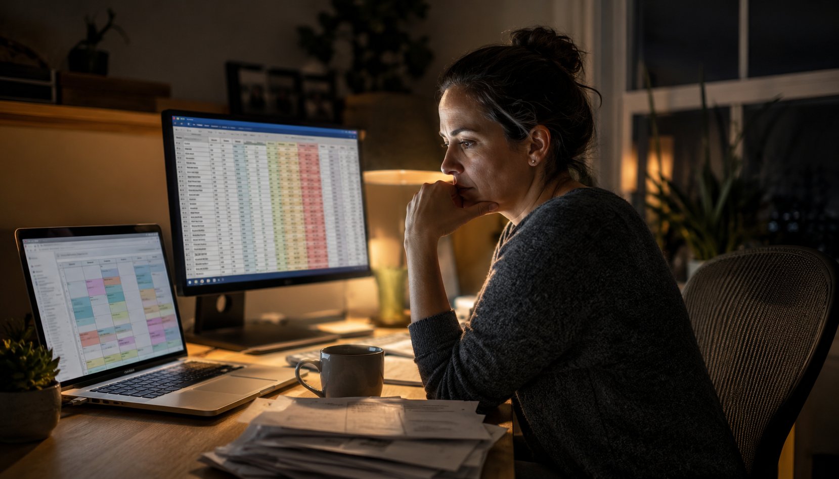 A clinic owner at a home office at night studying a color-coded accounts-receivable aging report beside the clinic schedule.