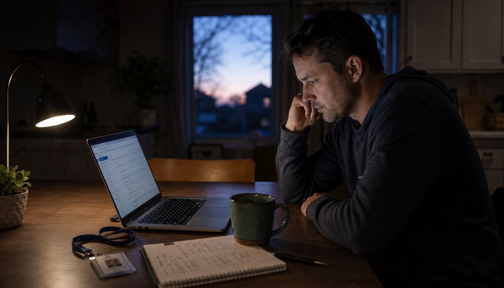 A clinic owner working the recruiting math against student debt before dawn, laptop open to a stale job posting at the kitchen table.