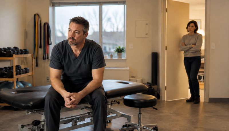 An experienced clinician sitting alone in an empty treatment room at the end of the day, tired but not broken, while the clinic owner pauses in the doorway, concerned.
