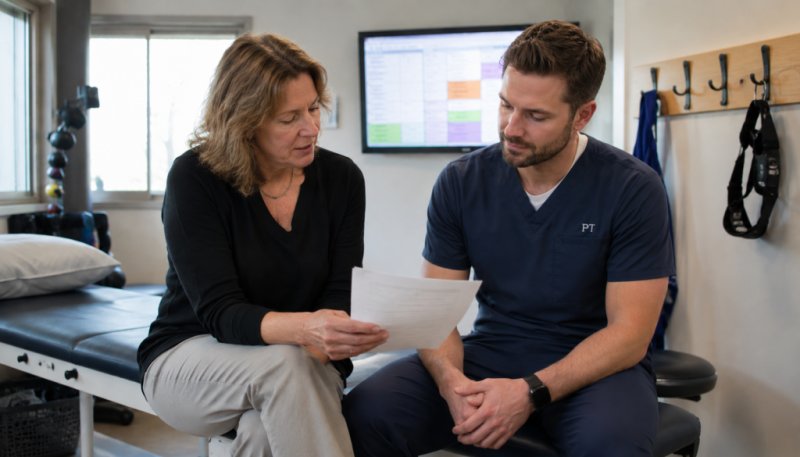 A clinic owner sitting beside a newly hired clinician at a treatment table during onboarding, a one-page sheet between them, explaining how the clinic works.
