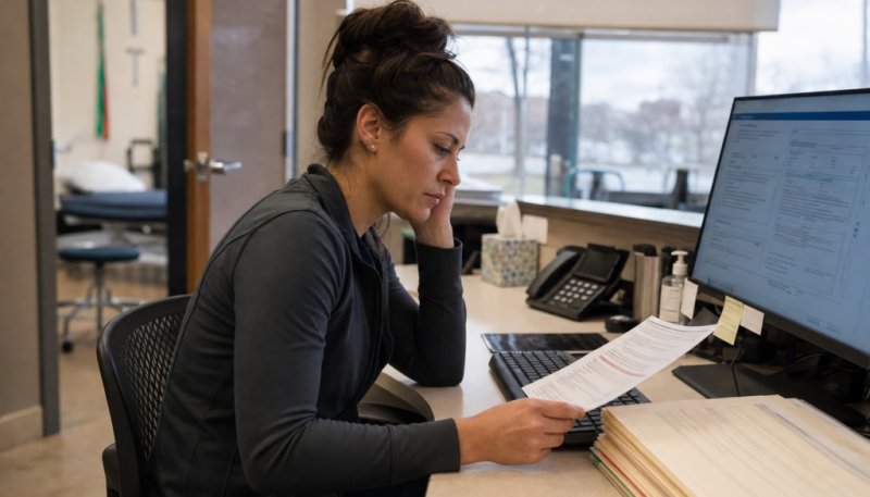 Insurance denials in physical therapy: a therapist reviewing a denial letter beside a plan-of-care draft at the front desk