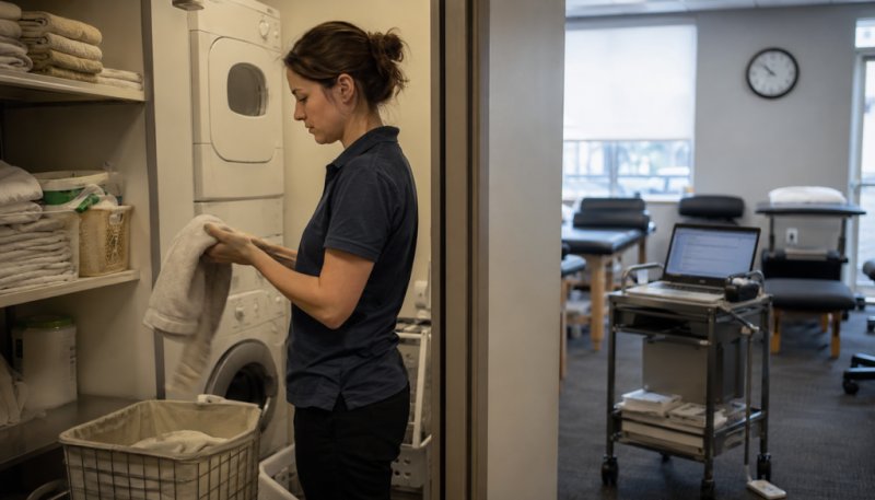 Role creep in a PT clinic: a therapist folds laundry at end of day while documentation waits on the cart