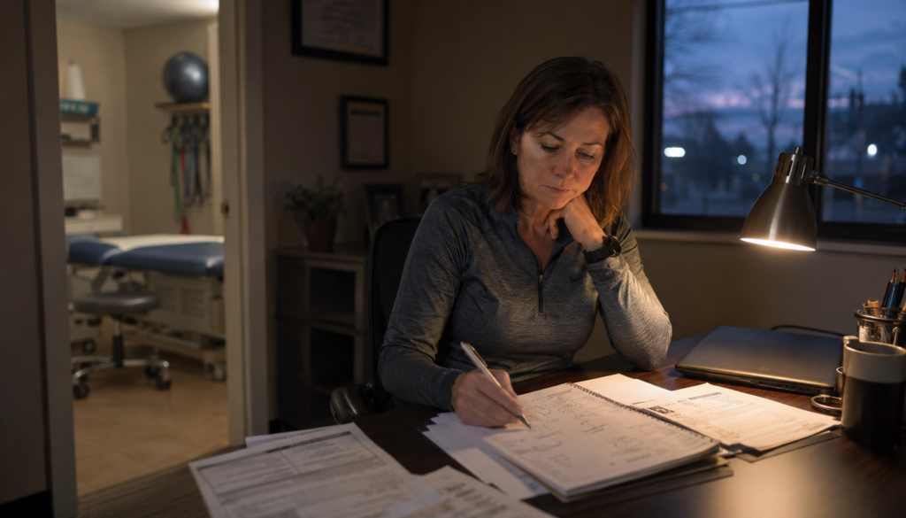 A clinic owner at her desk in the evening sketching business model options by hand next to payer remittance papers, weighing a decision.