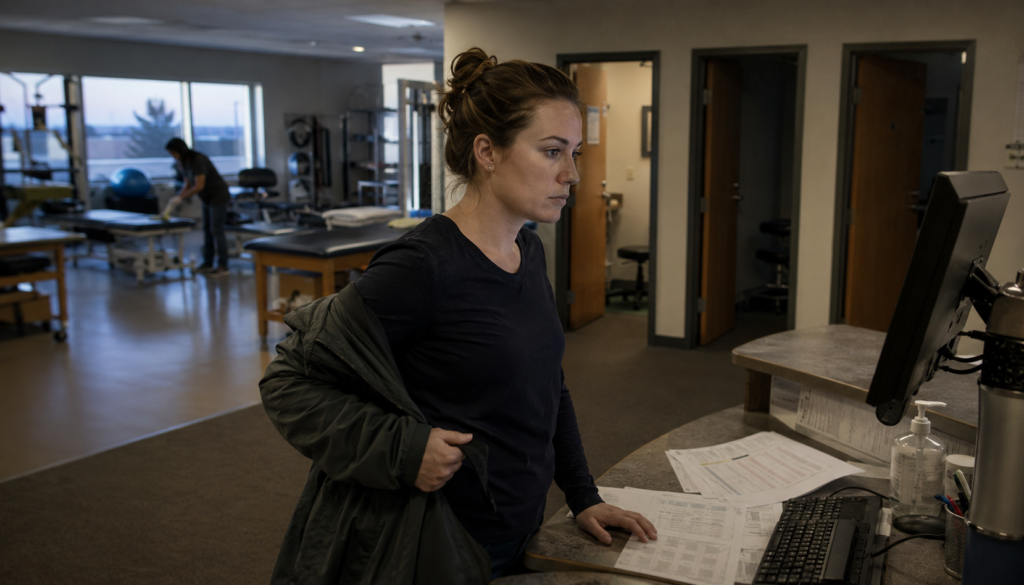 A staff PT reads a late schedule change at the front desk after the clinical director moved a patient
