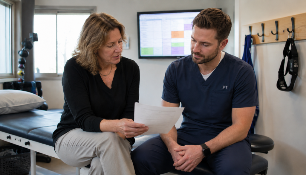 A clinic owner sitting beside a newly hired clinician at a treatment table during onboarding, a one-page sheet between them, explaining how the clinic works.