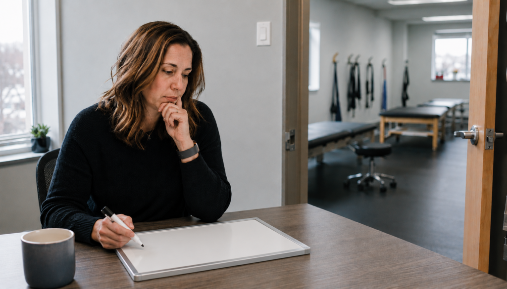 A clinic owner alone at a desk starting to write what good clinical work means in her clinic, the quiet treatment floor visible through the office doorway.