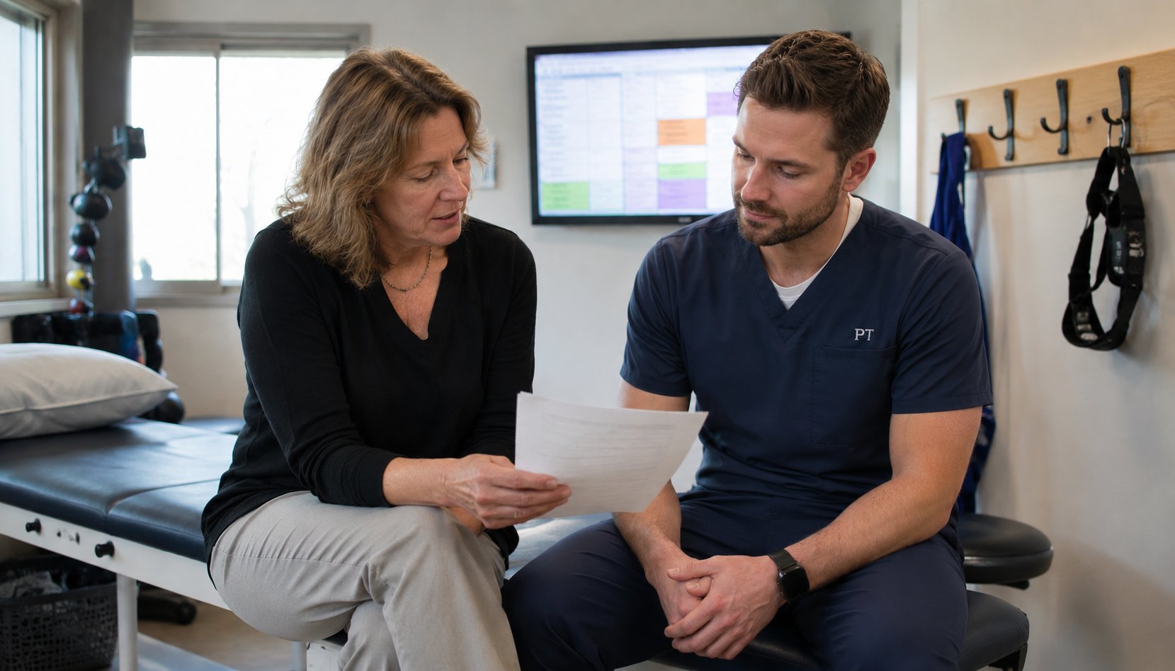A clinic owner sitting beside a newly hired clinician at a treatment table during onboarding, a one-page sheet between them, explaining how the clinic works.