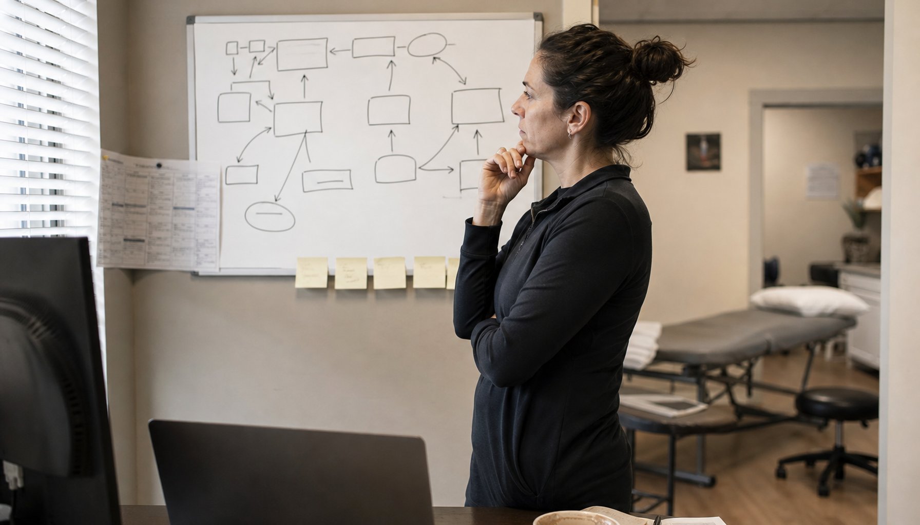 The clinic owner bottleneck: an owner at a whiteboard mapping who decides what in the clinic