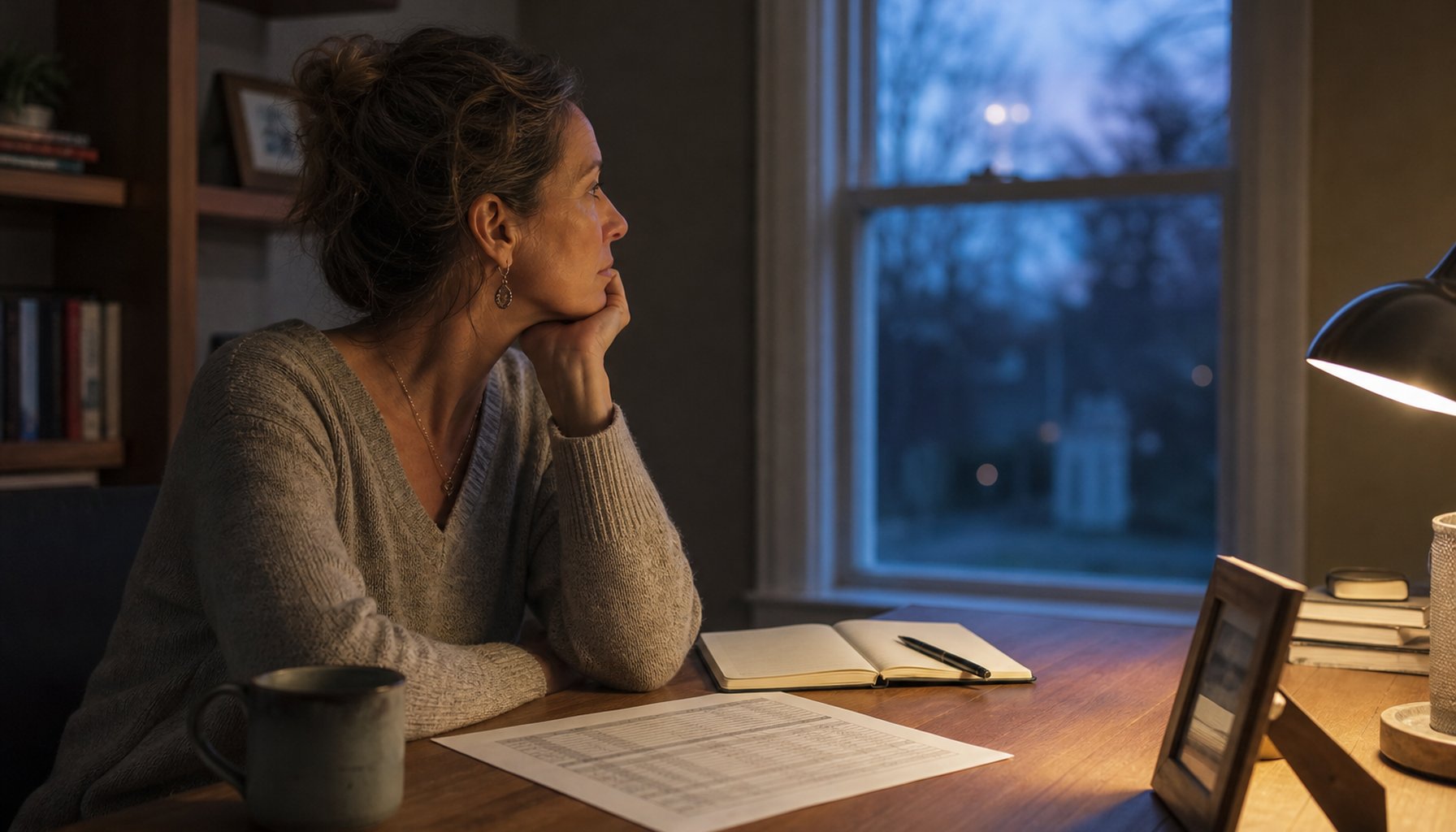 Clinic owner next goal: an owner at her home office desk in the evening looking up from a P&L printout