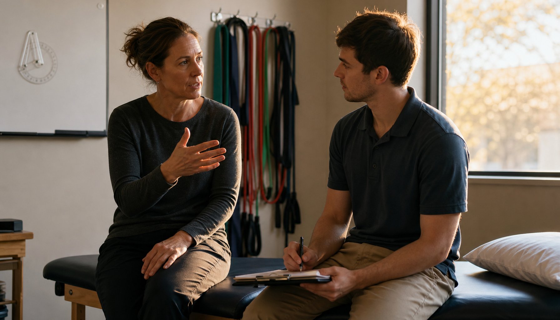 New clinician onboarding: an experienced clinician mentoring a newer clinician at a treatment table after hours