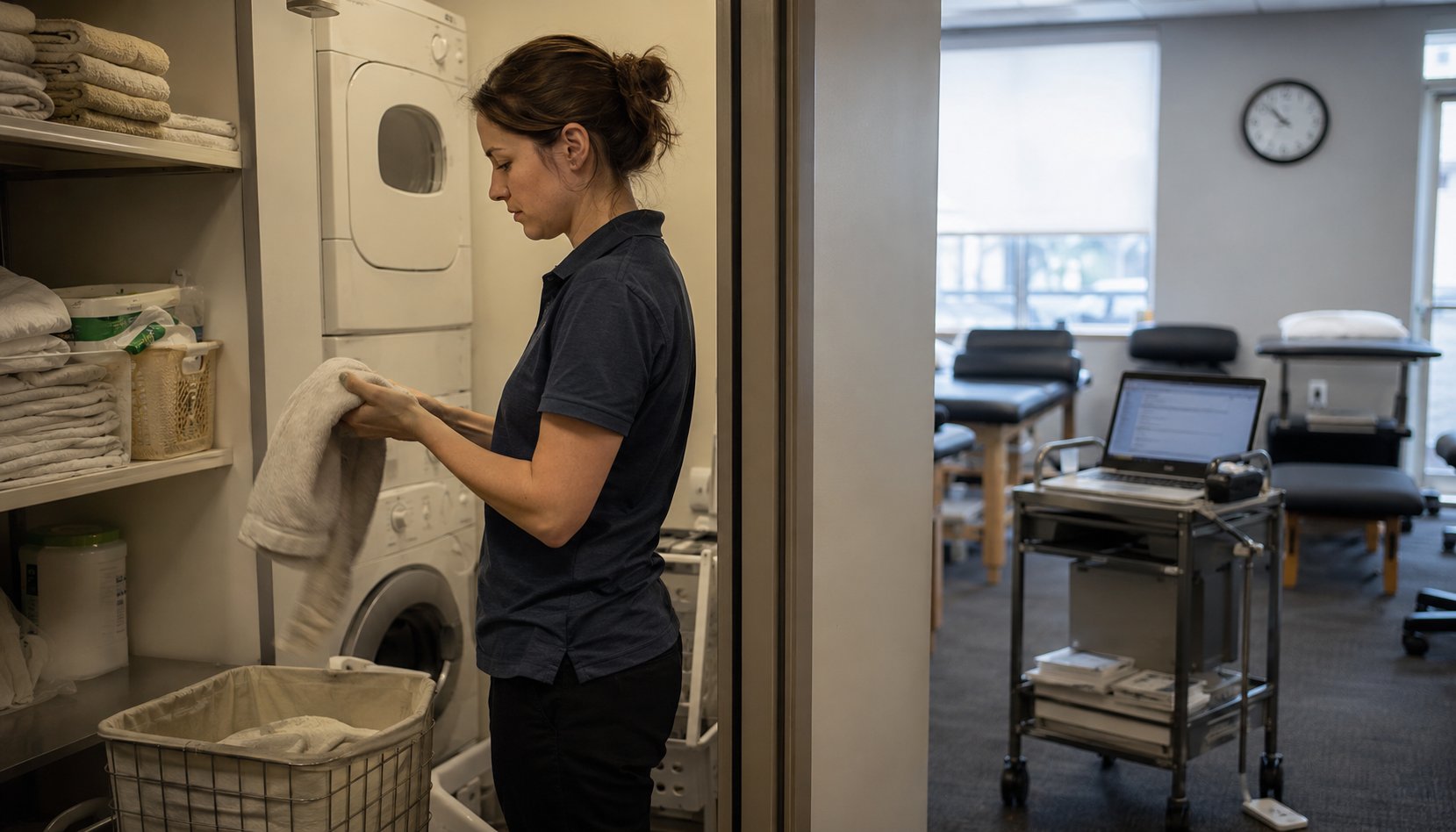Role creep in a PT clinic: a therapist folds laundry at end of day while documentation waits on the cart