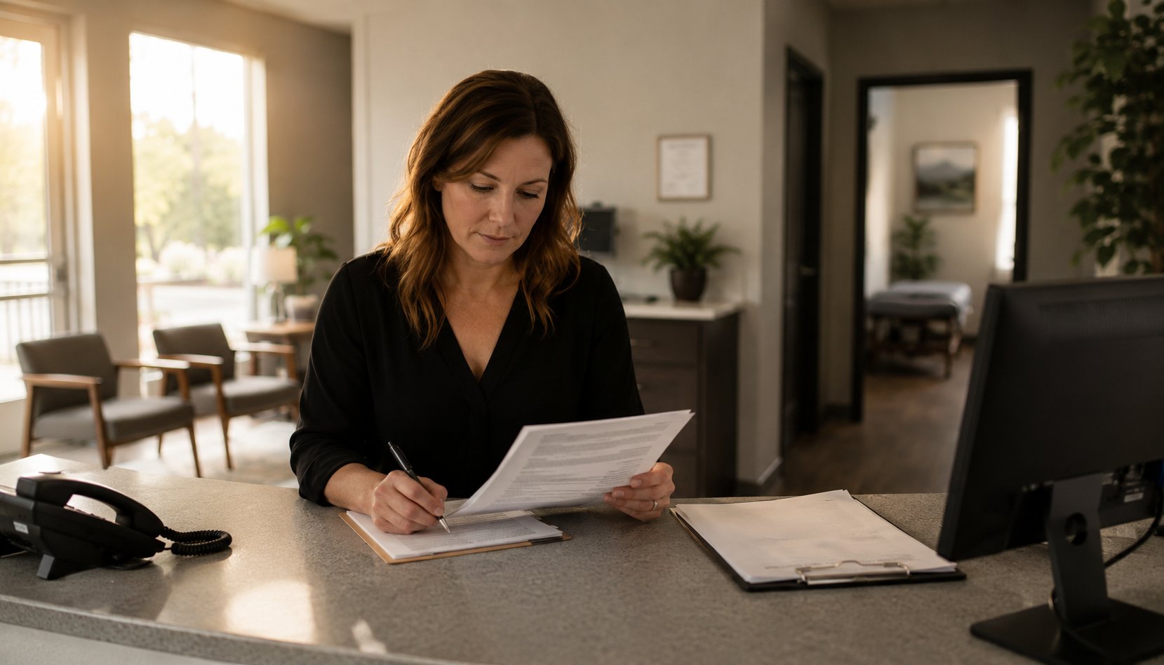 A clinic owner at the front desk reading a candidate's file before the first call, the clinic hiring process as the first sample of how the practice operates