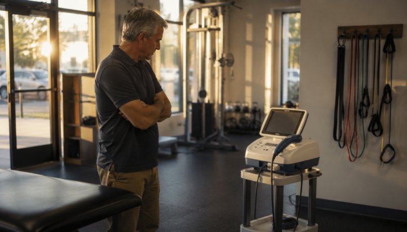 Cash-based physical therapy clinic owner looking at an underused shockwave machine in gym space at golden hour