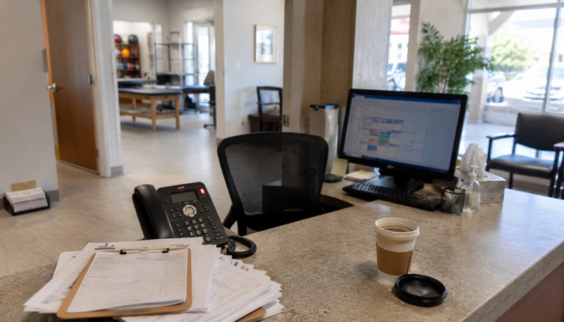 Physical therapy front desk at lunch with an empty chair, a blinking voicemail light, and a scheduling screen showing open afternoon slots