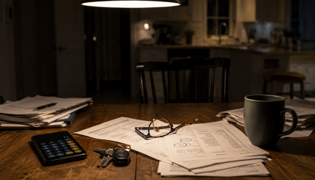 Medicare physical therapy cuts weighing on a clinic owner: a night kitchen table with financial reports, reading glasses, a calculator, keys, and a cold mug