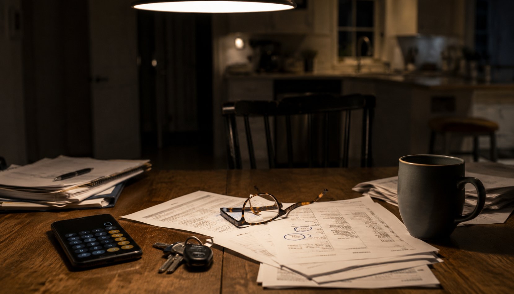 Medicare physical therapy cuts weighing on a clinic owner: a night kitchen table with financial reports, reading glasses, a calculator, keys, and a cold mug