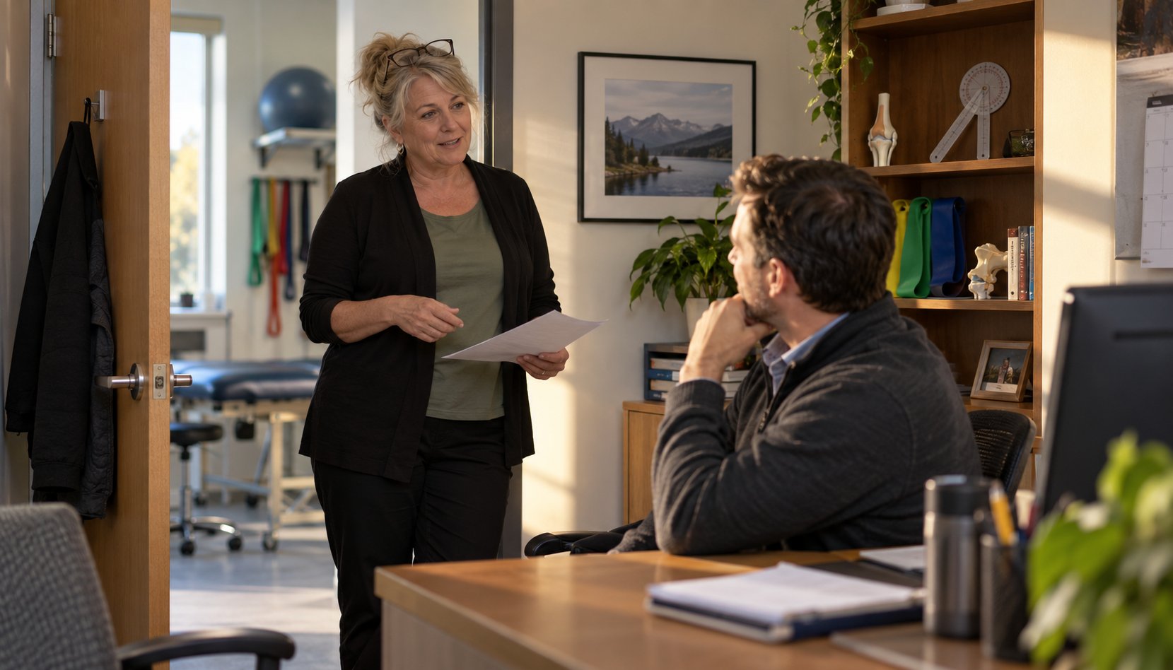 A practice administrator stopping in a clinic owner's doorway with a question her new manager should be answering.