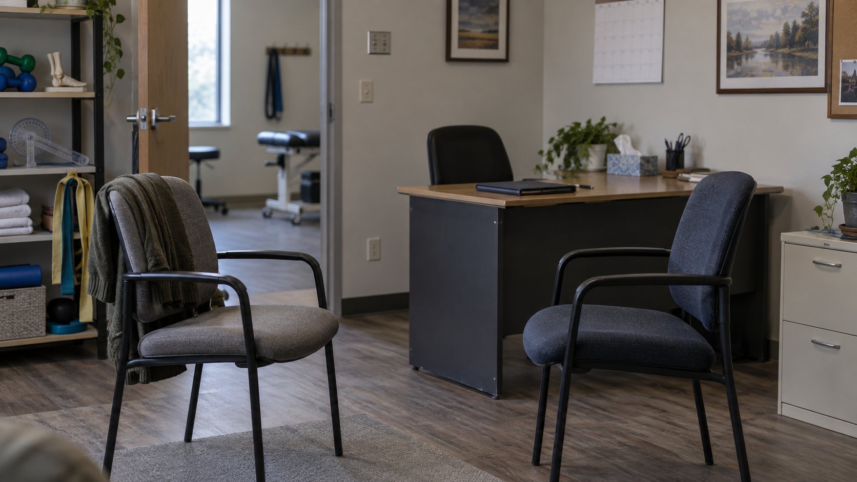 Two empty chairs facing each other in a small therapy clinic office, set for the conversation when you let someone go.